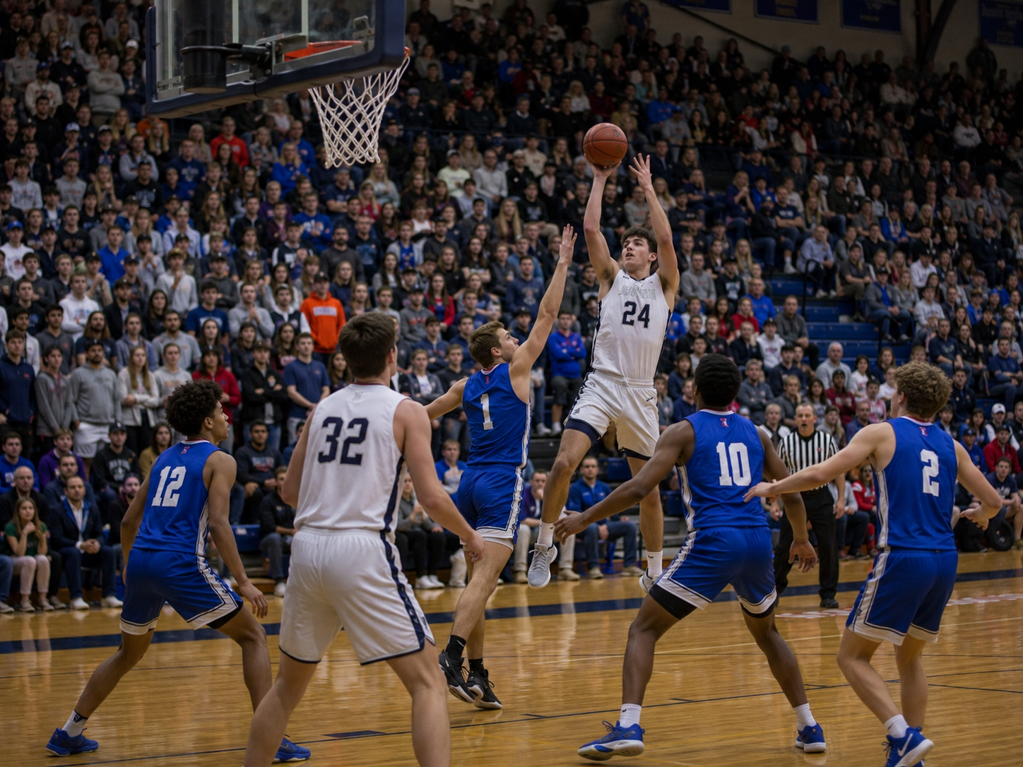 Player #24 shoots over defenders in a packed high school basketball gymnasium during an intense game.