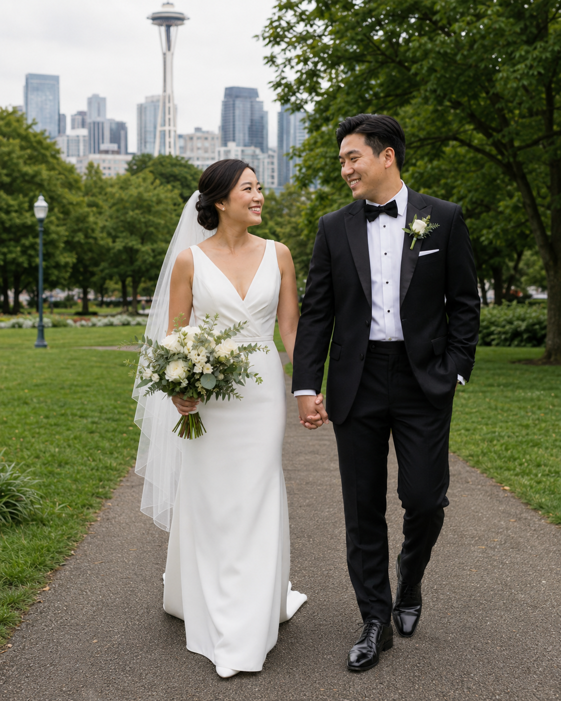 Bride and groom walk hand in hand at Kerry Park with Seattle skyline and Space Needle backdrop.
