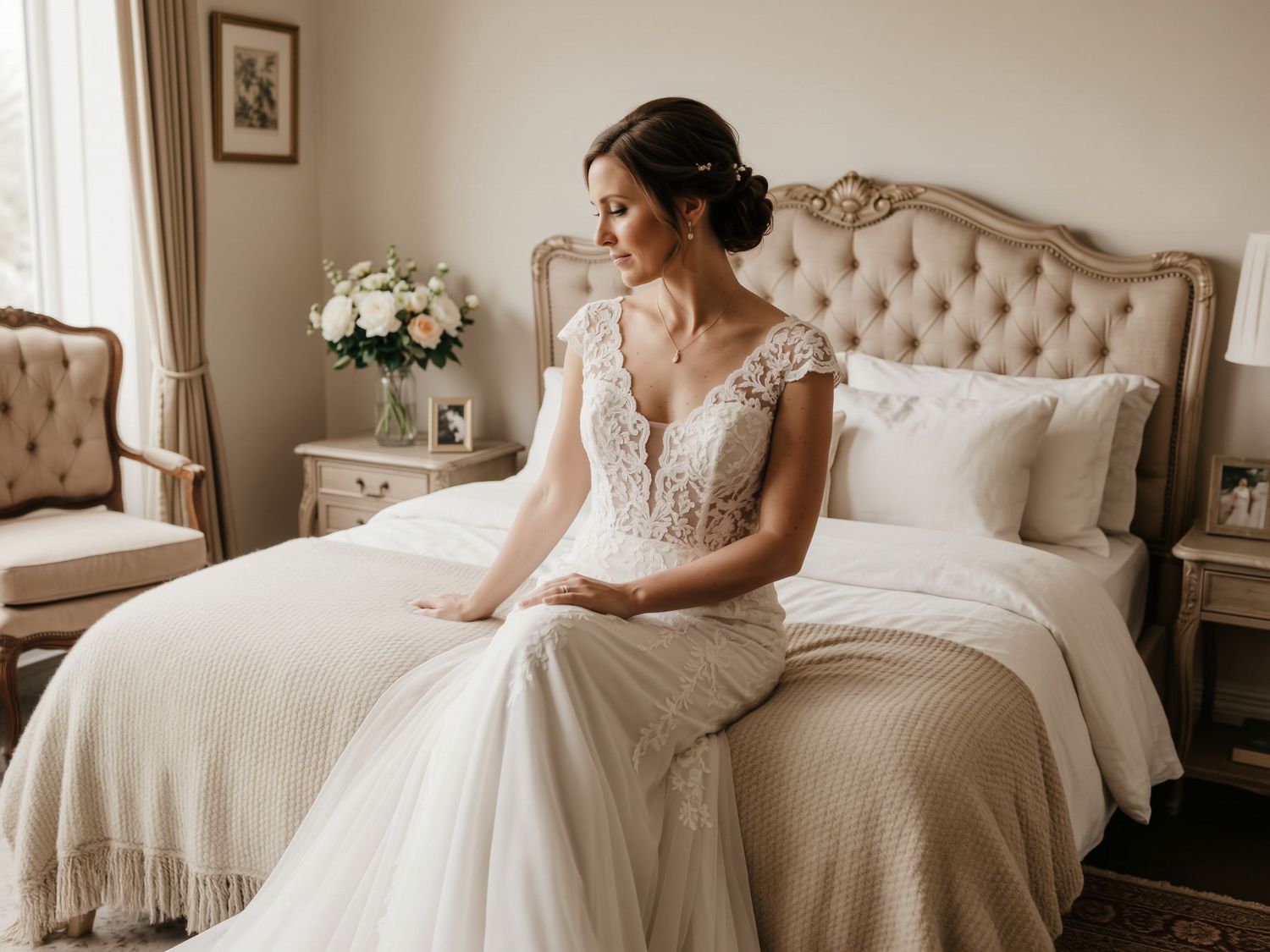 Bride in cap-sleeve lace wedding gown sitting on ornate tufted bed in soft romantic bedroom setting.