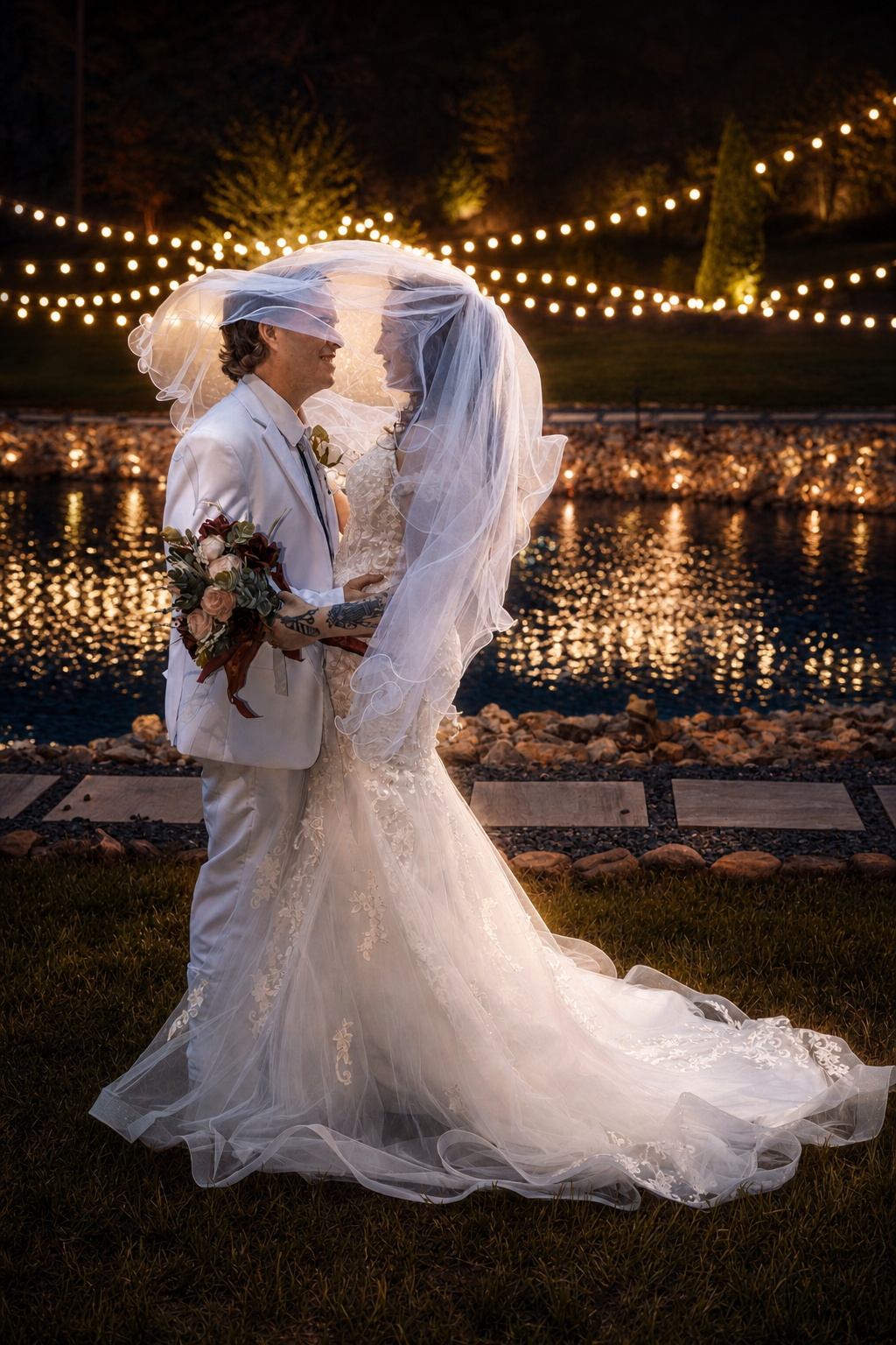 Bride and groom sharing romantic moment under veil by illuminated pool at night wedding reception.