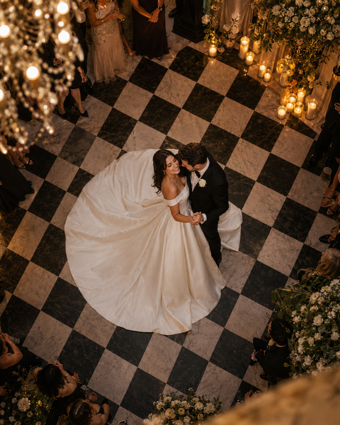 Aerial view of bride and groom sharing first dance on checkered floor surrounded by candles and floral arrangements.