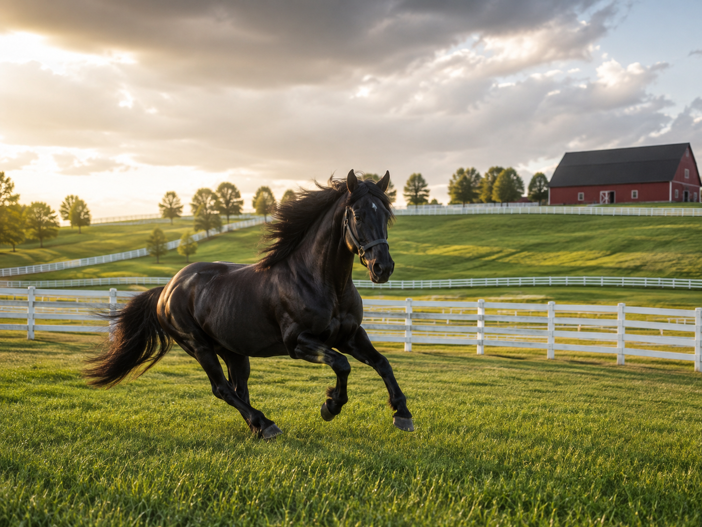 A majestic black horse gallops across a lush green pasture with a red barn and white fence at sunset.