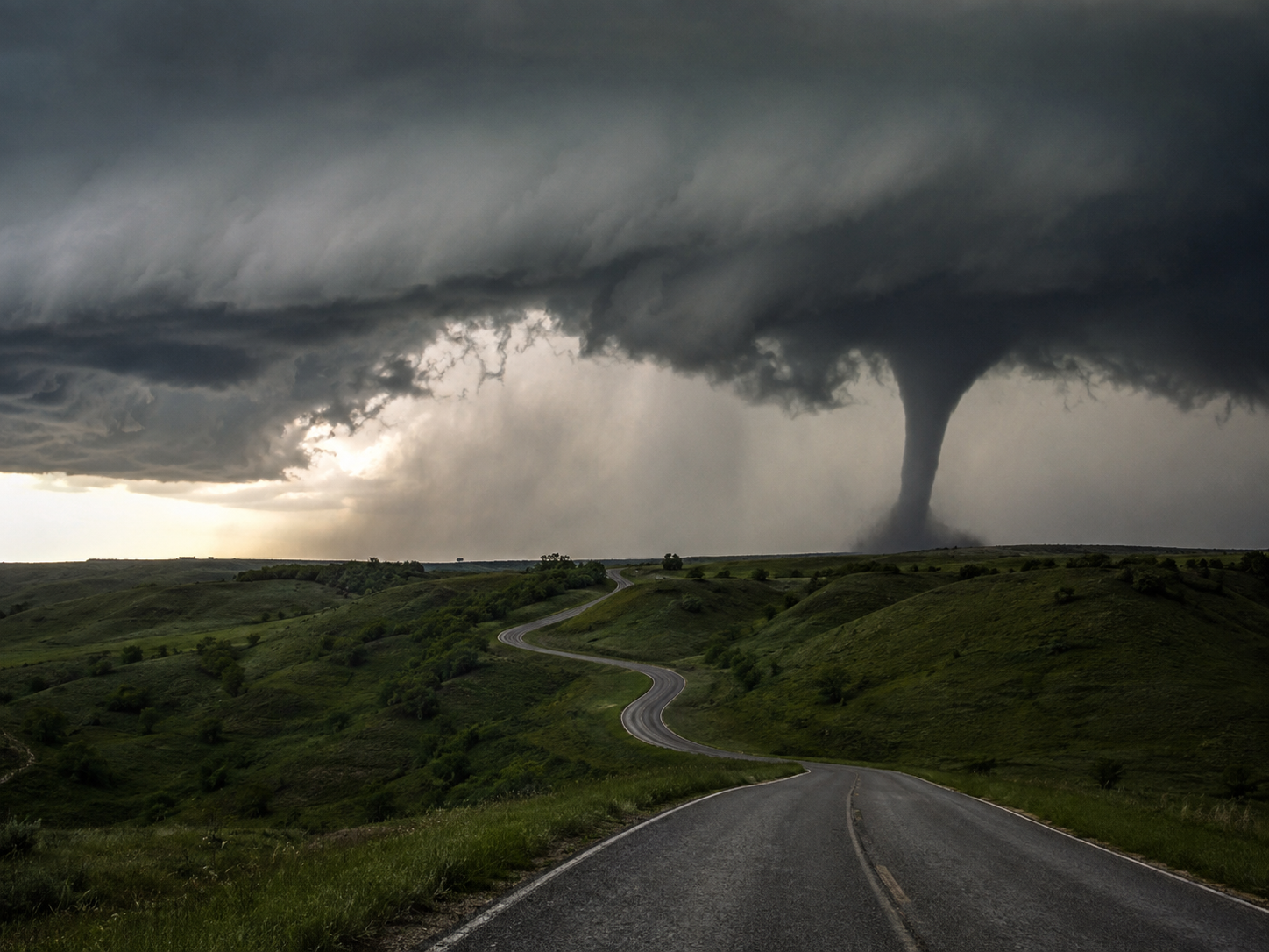A massive tornado touches down near a winding rural road under dramatic storm clouds over green rolling hills.