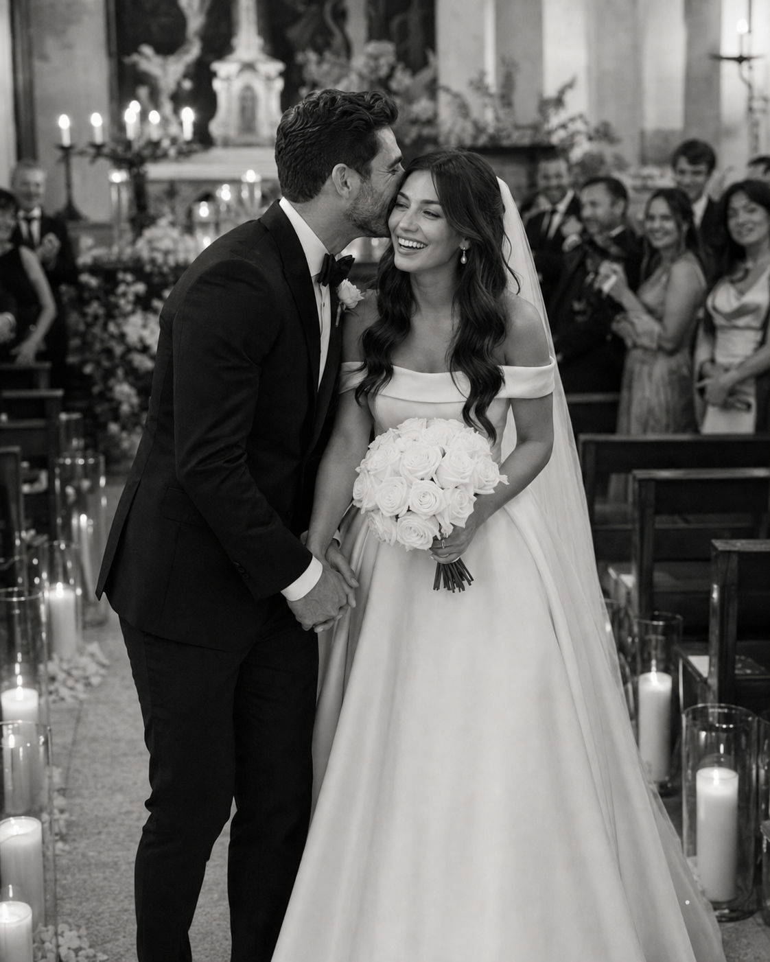 Black and white wedding photo of bride and groom sharing a kiss in a candlelit church aisle.