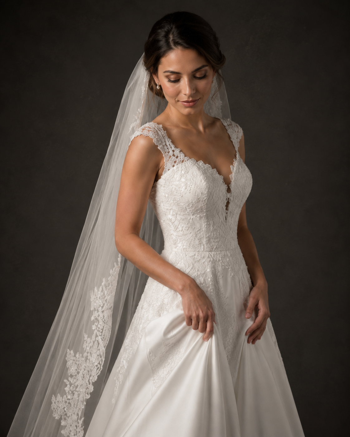 Elegant bride in lace A-line wedding gown with cap sleeves and long cathedral veil with lace trim.