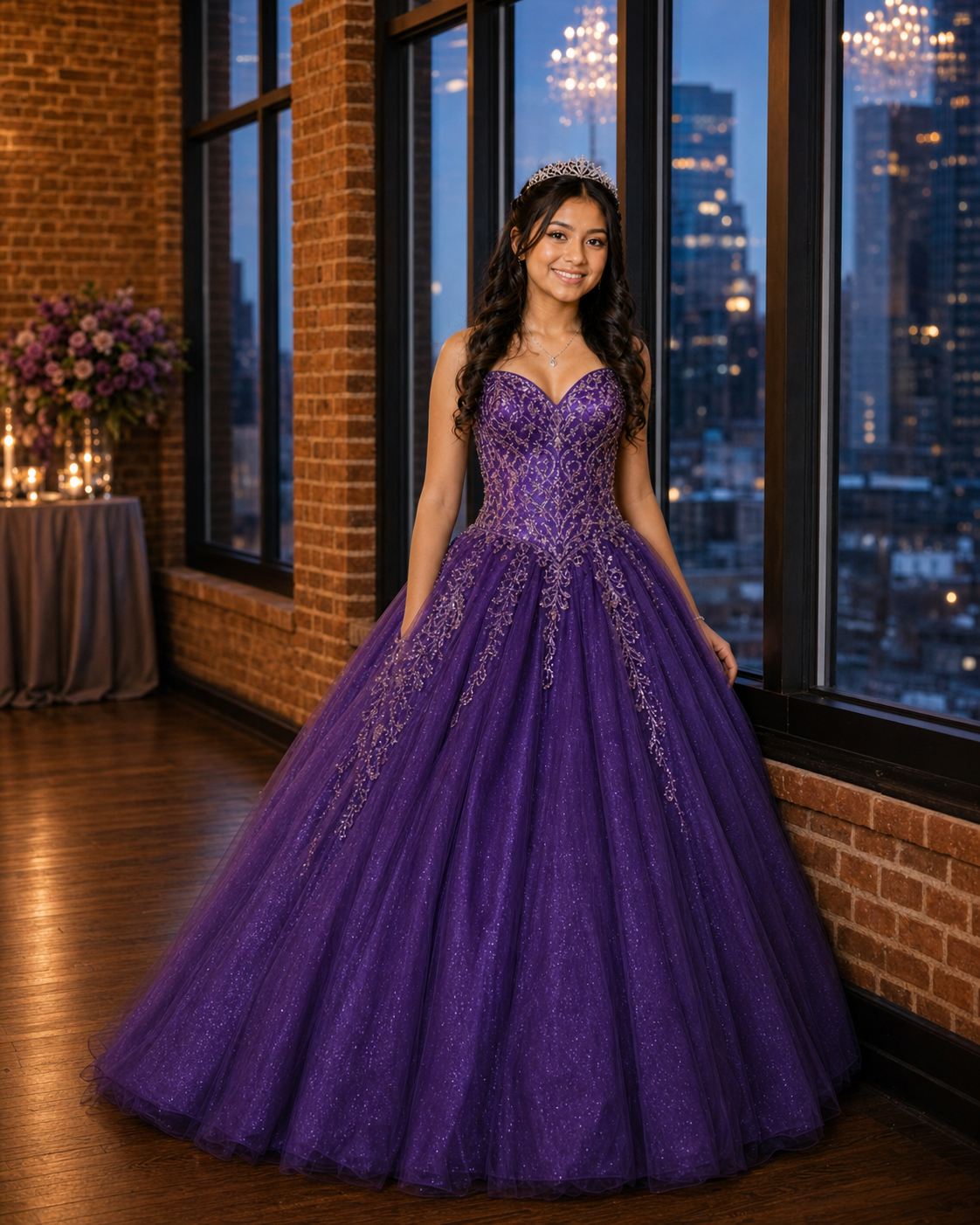 Young woman wearing a glittering purple strapless quinceañera gown with gold appliqué stands by city-view windows.