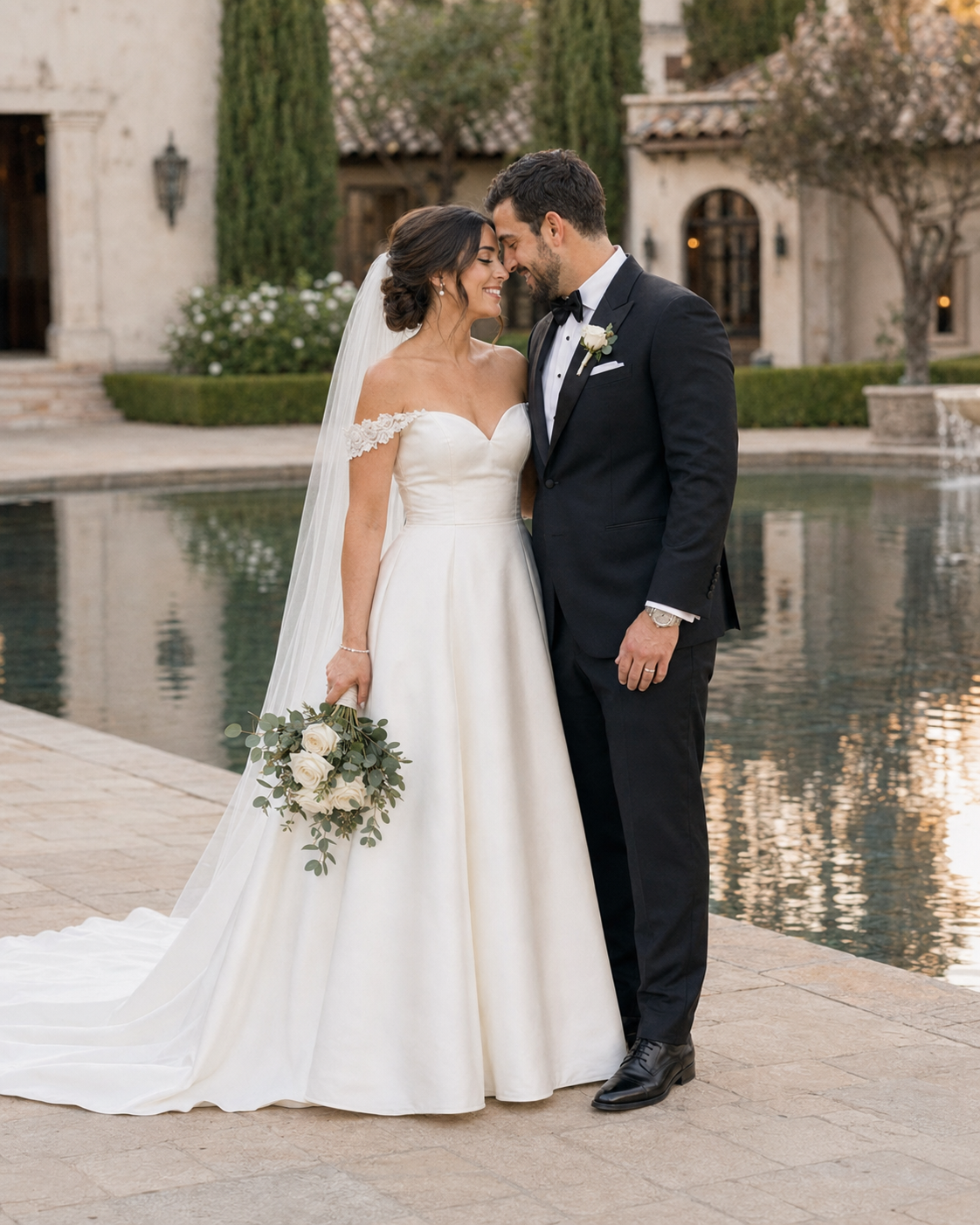 Bride and groom touch foreheads tenderly beside reflecting pool at luxurious Spanish-style wedding estate.