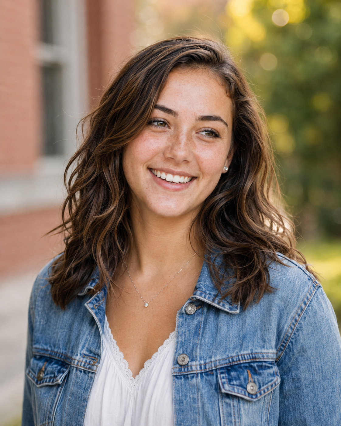 Smiling young woman with wavy brown hair wearing a denim jacket and white top outdoors near a brick building.