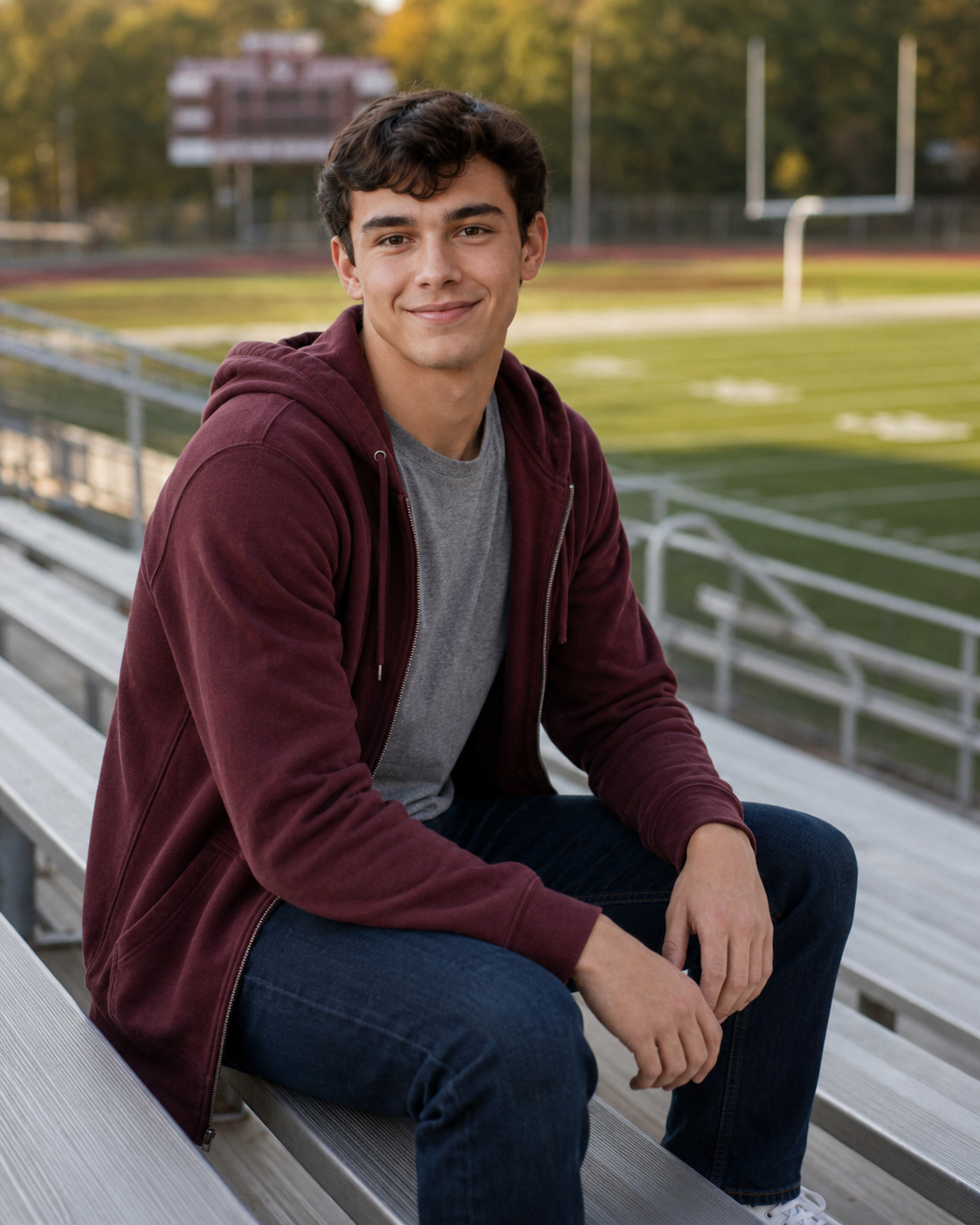 Young man in maroon hoodie sitting on bleachers at football stadium.
