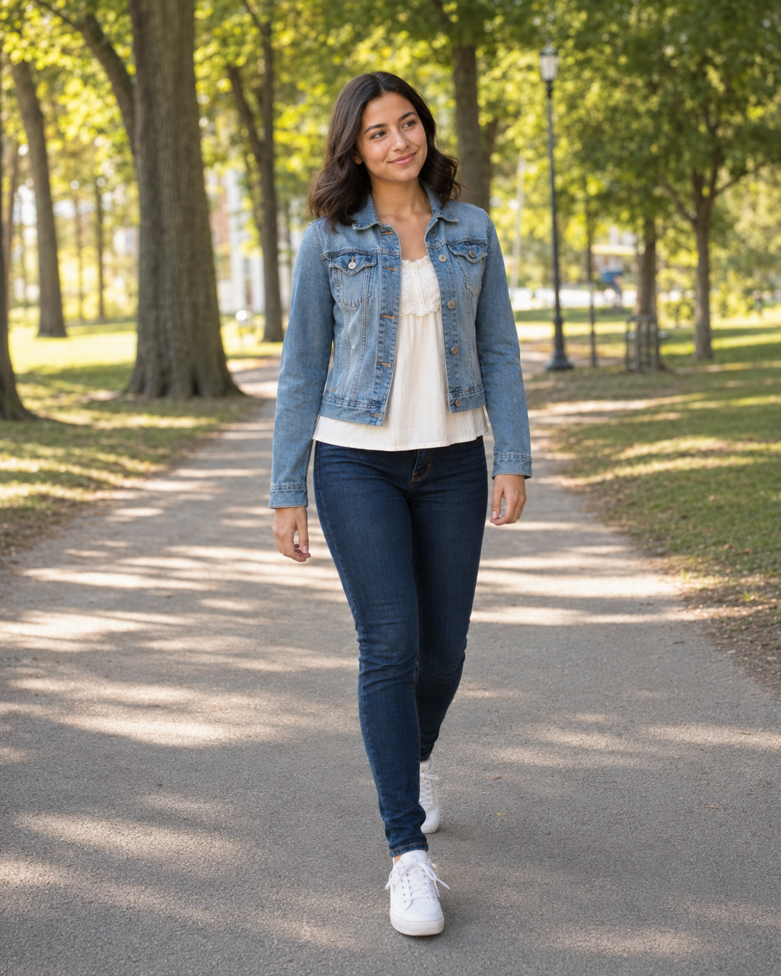 Woman strolling in a denim jacket, white blouse, and dark jeans on a tree-lined park path.