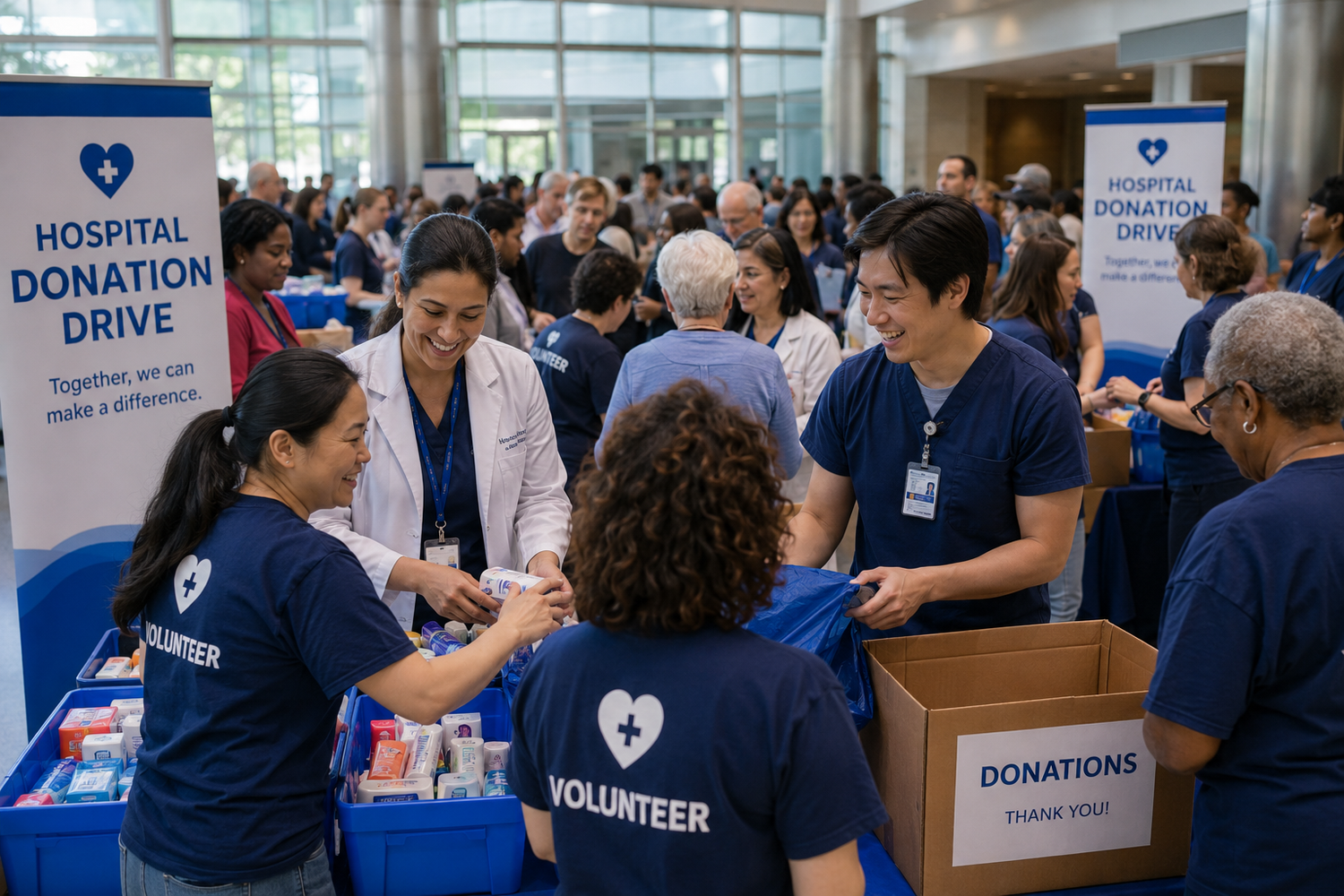 Hospital volunteers collect donations at a busy donation drive event table with boxes of supplies.