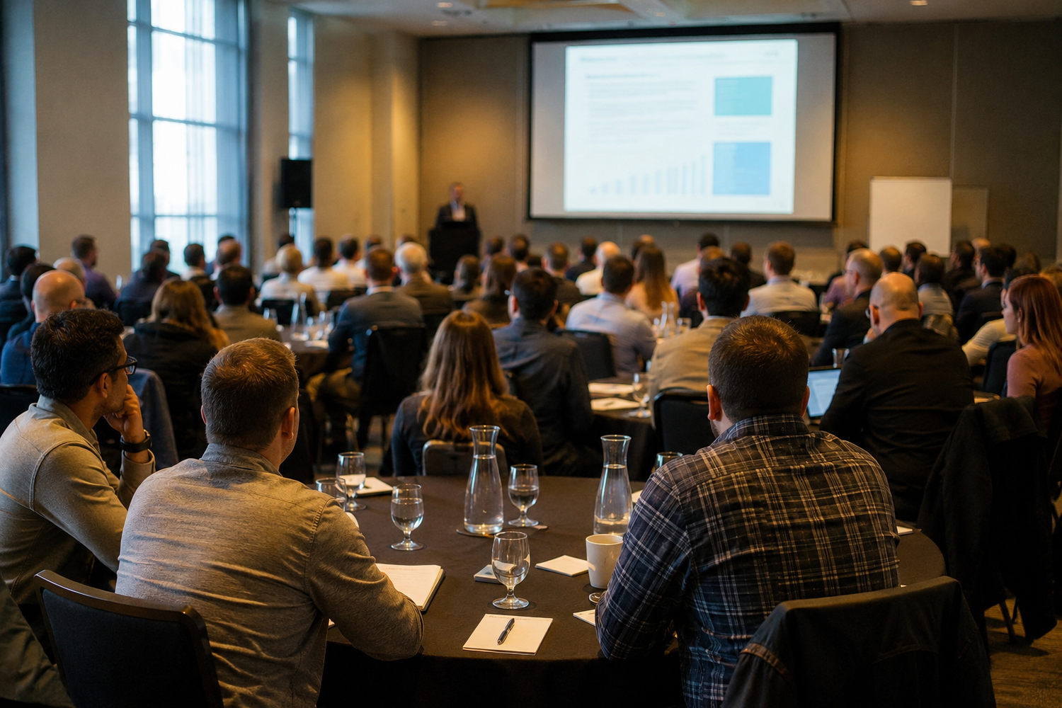 Business professionals attend a corporate conference, listening to a presenter speaking at a podium with a projected slideshow.