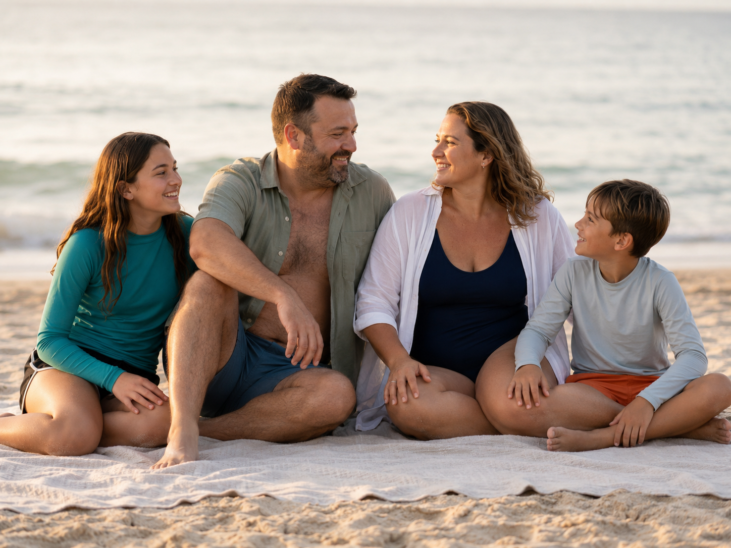 Family of four sitting on beach blanket laughing together, parents with teenage daughter in teal and young son at sunset.