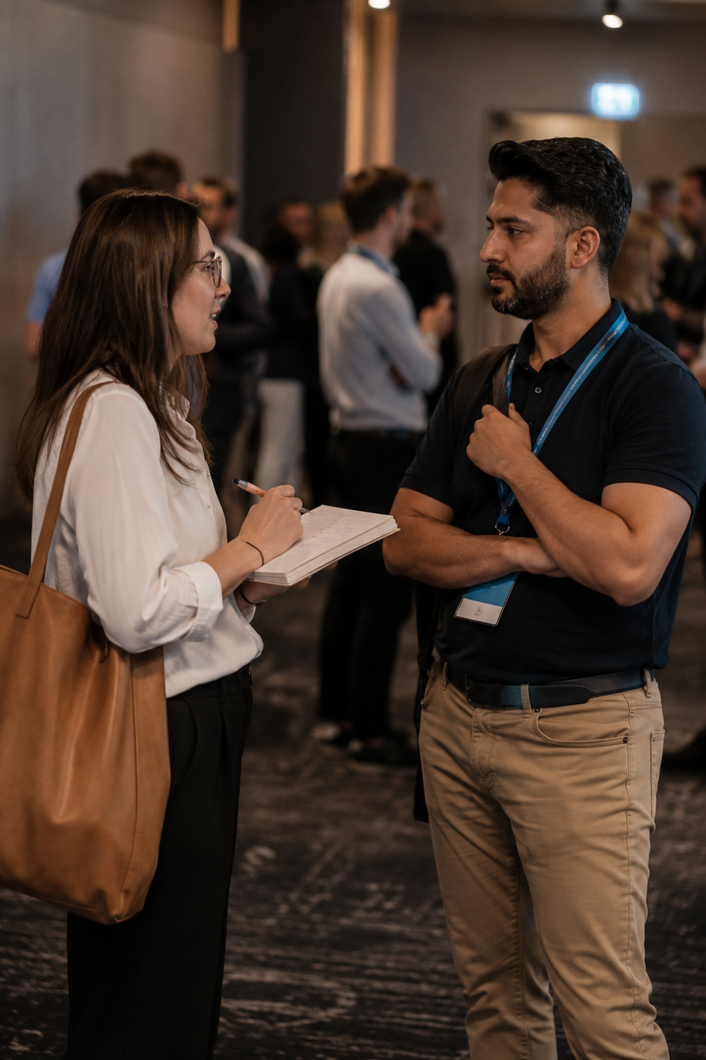 Two professionals networking at a conference, woman taking notes while man in blue lanyard speaks.