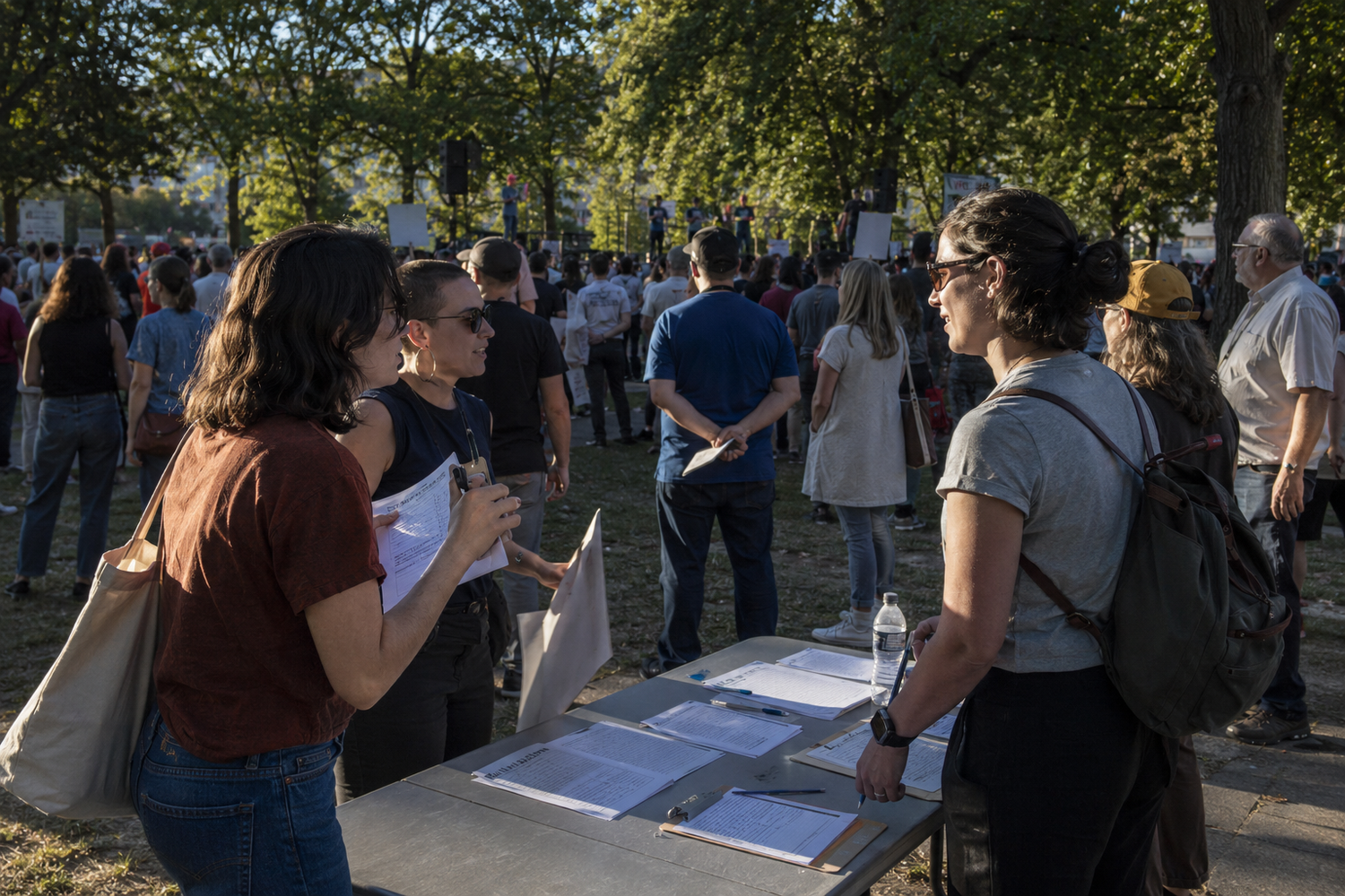 People gather outdoors at a sunny protest event, with attendees holding papers and signs in a tree-lined park.