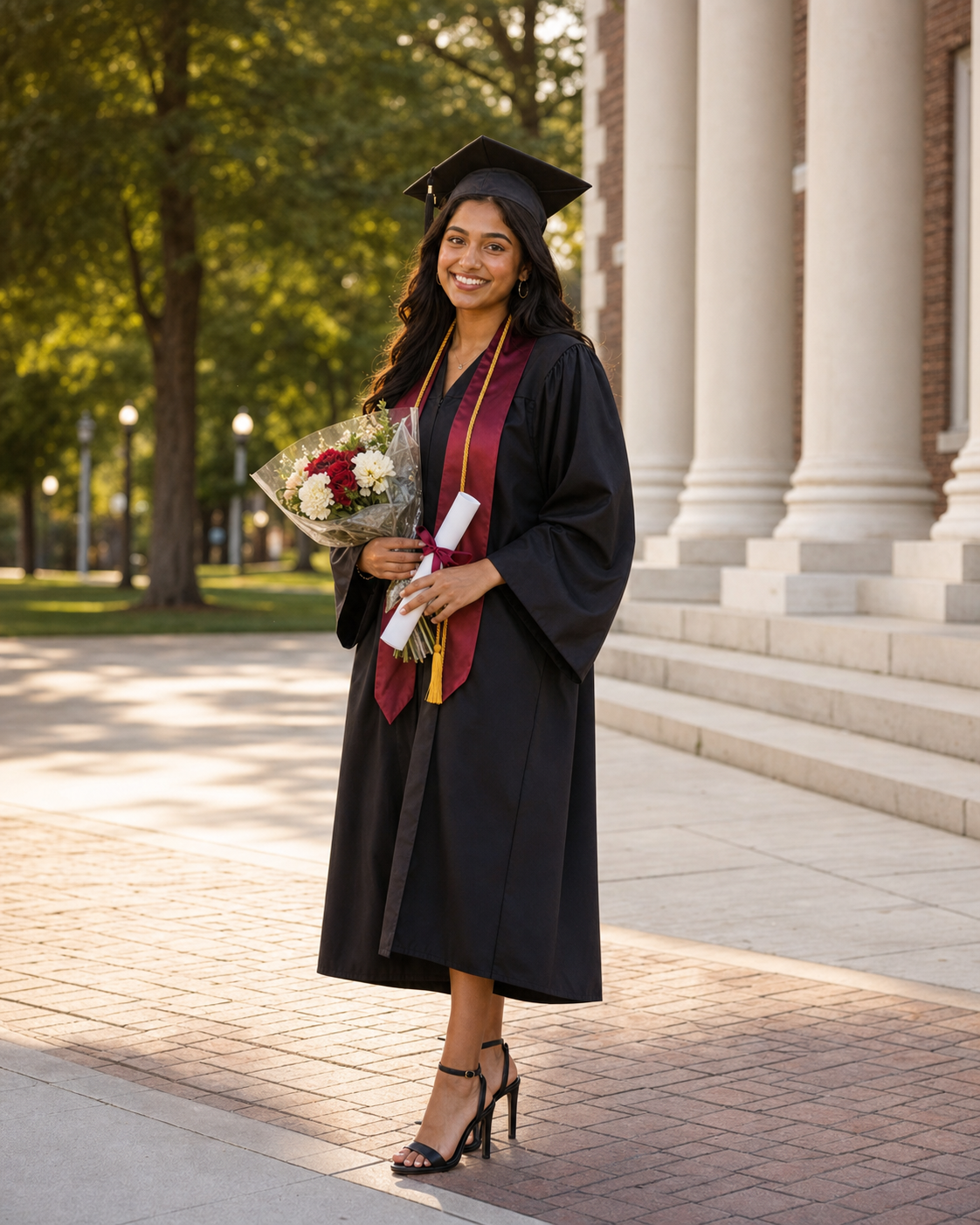 Smiling graduate in black cap and gown holds flowers and diploma outside university columns.