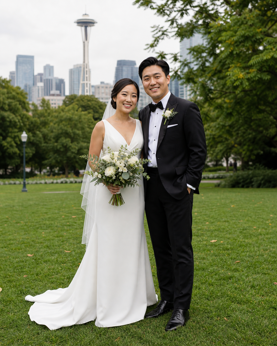 Bride and groom smiling in Seattle park with Space Needle skyline backdrop, bride holding white floral bouquet.