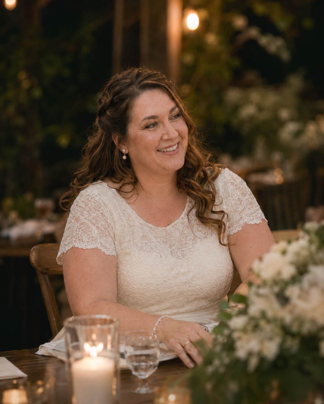 Radiant bride in lace wedding dress smiles at reception table surrounded by candlelight and white floral arrangements.