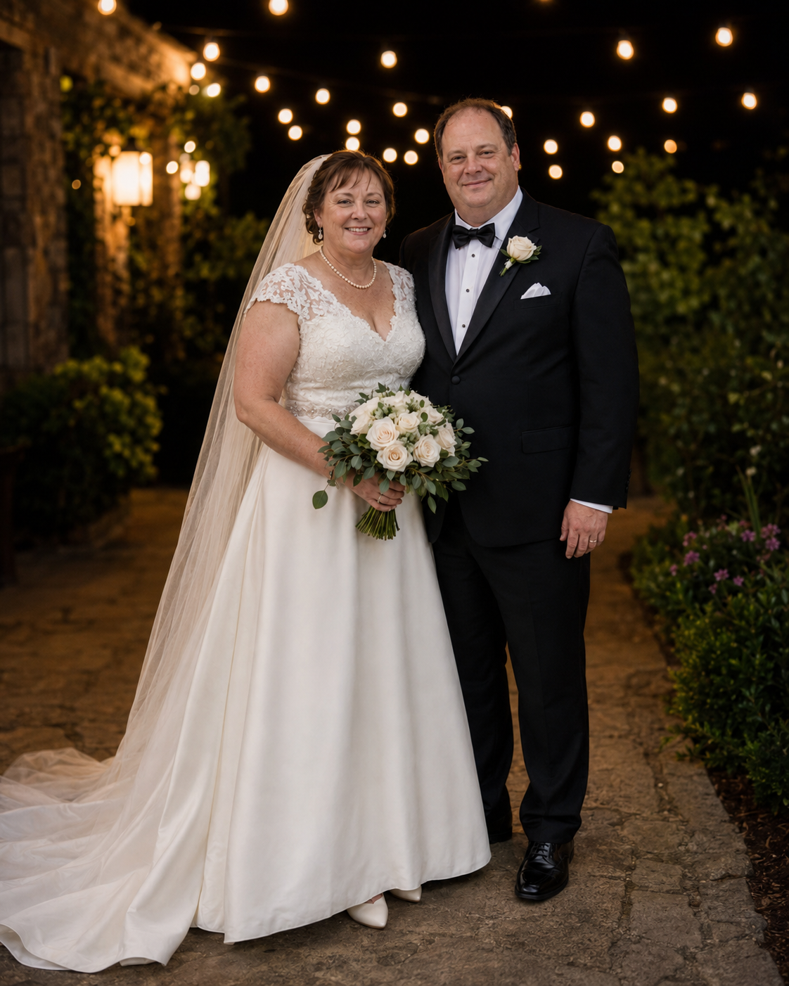 Bride and groom posing outdoors at night wedding venue with string lights, bride holding white bouquet in elegant gown.