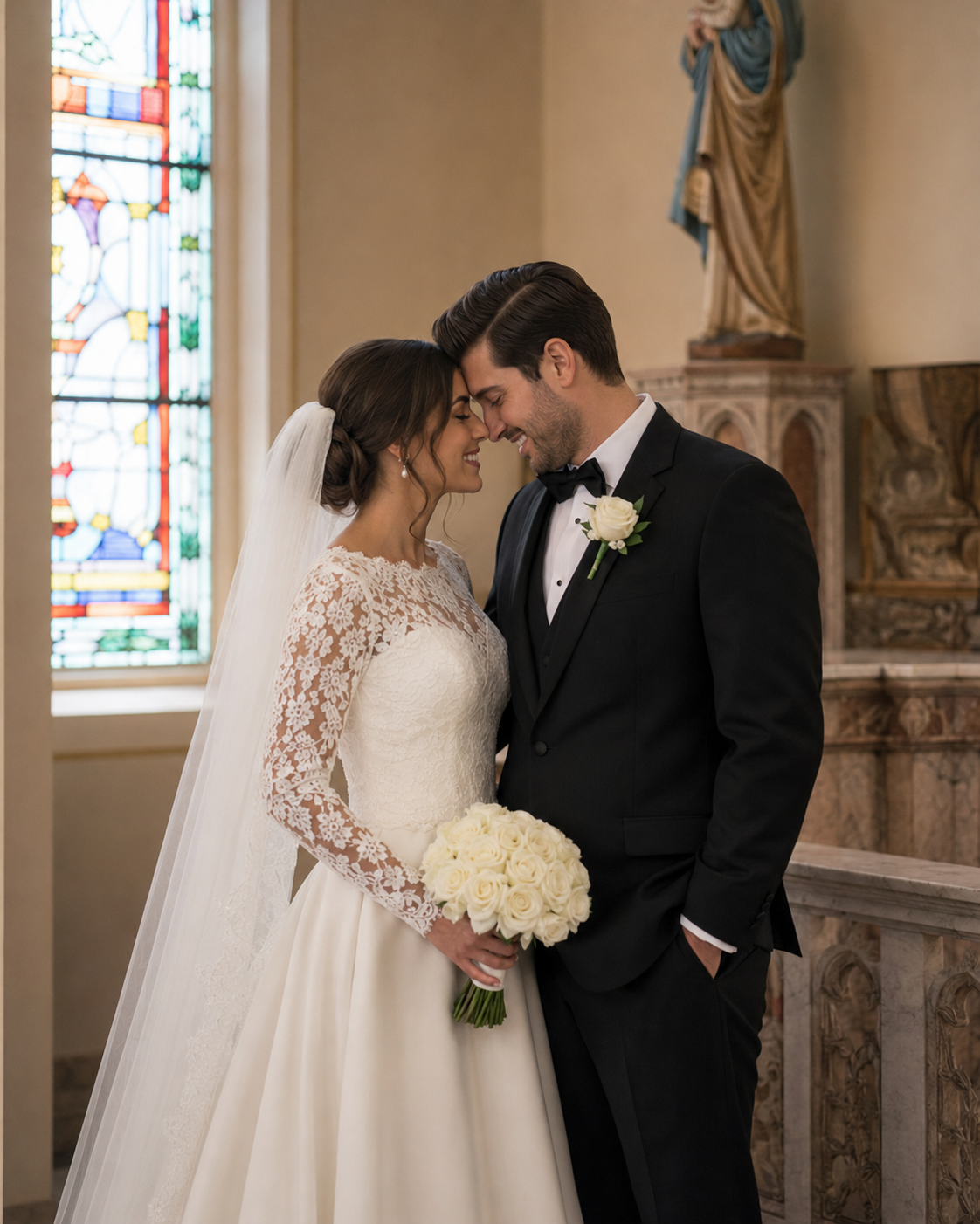 Bride and groom sharing romantic moment in church, bride holding white rose bouquet near stained glass.