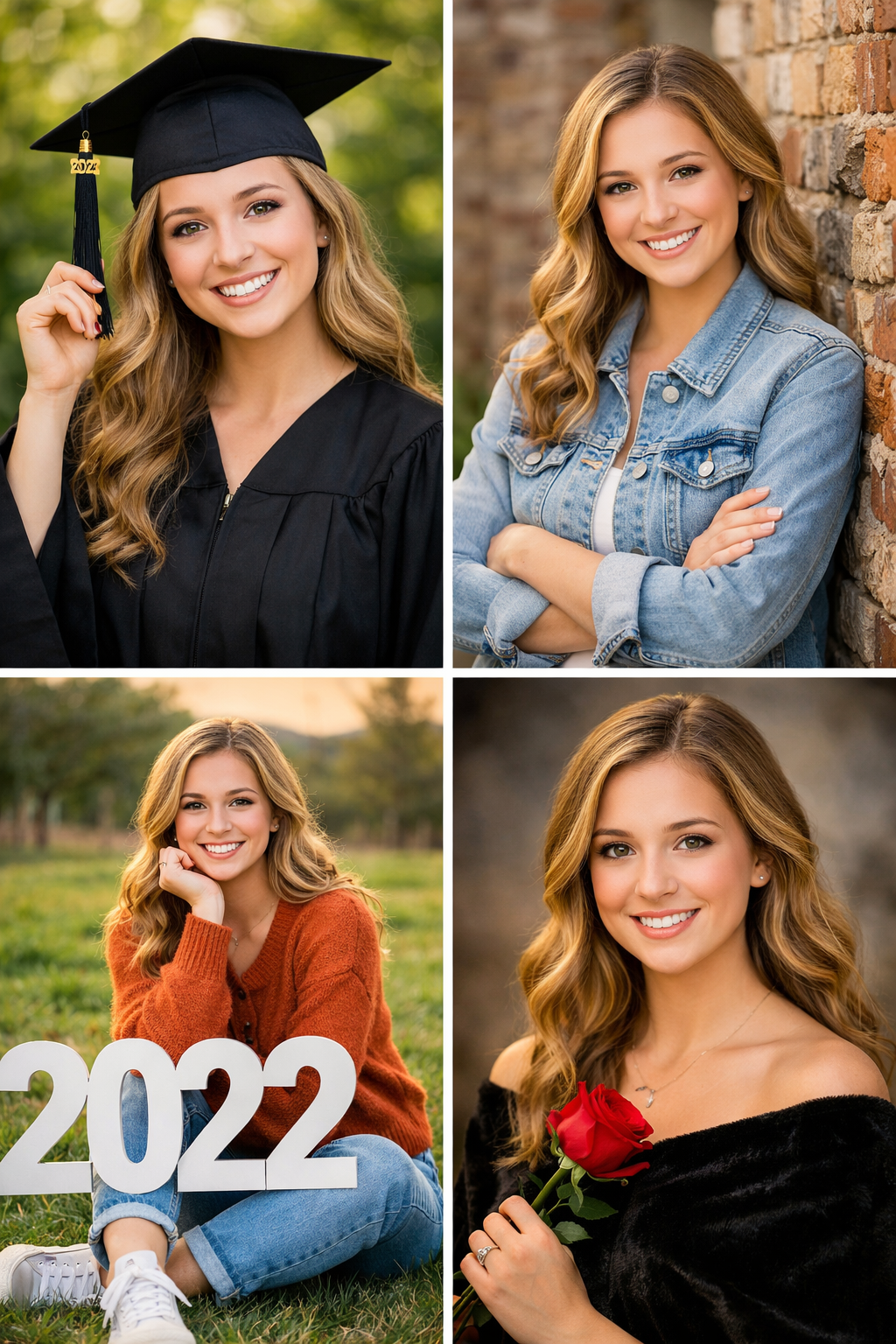 A collection of graduation and casual portrait photos featuring denim jackets, caps and gowns against outdoor backgrounds.