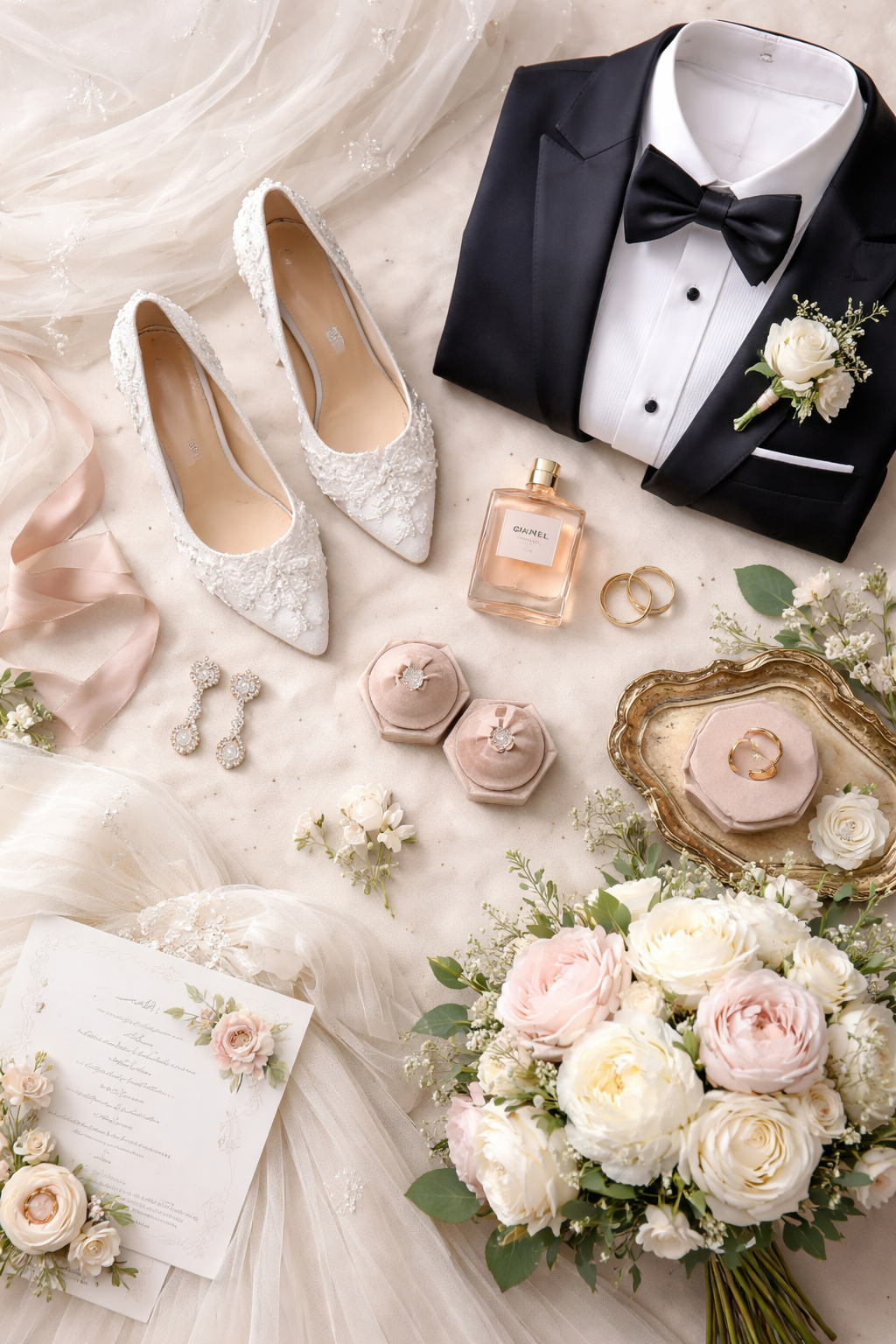 Wedding accessories including white lace shoes, tuxedo, floral bouquet, rings, and invitation cards arranged on cream fabric.
