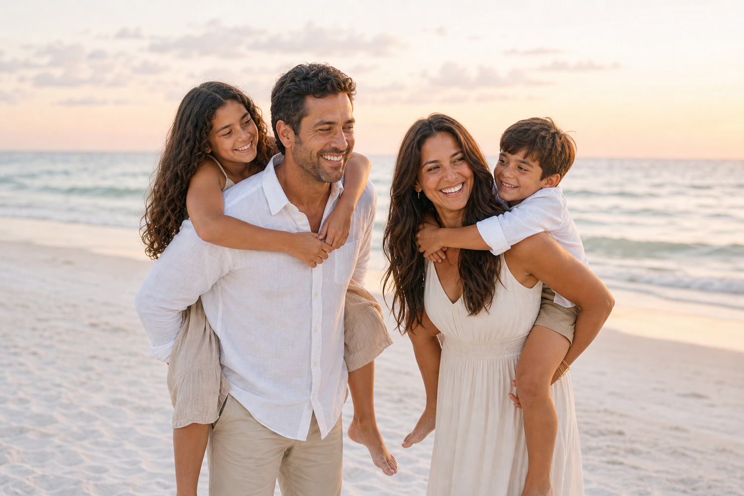 Happy family of four enjoying a sunset beach walk, parents giving piggyback rides to their children on sandy shore.