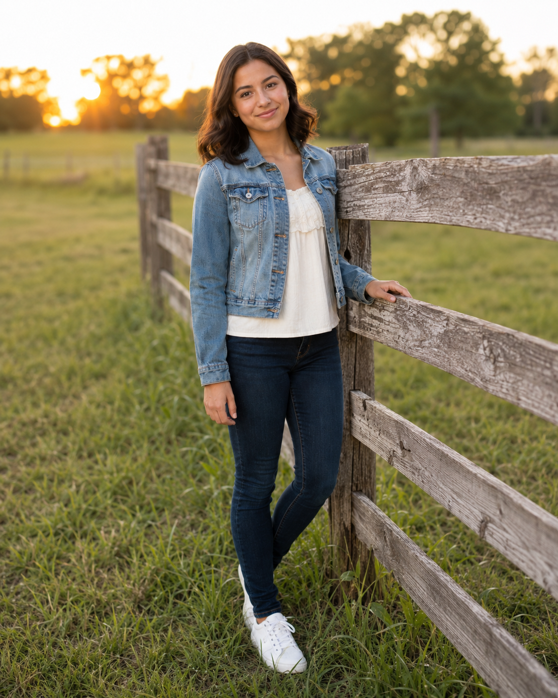 Young woman in denim jacket and jeans leaning on rustic wooden fence at golden hour sunset.