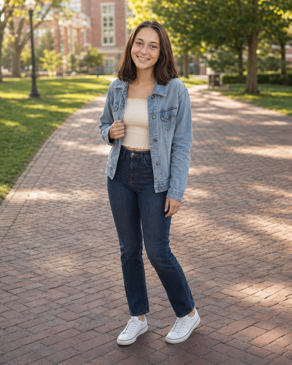 Young woman in denim jacket and dark jeans walking on a brick campus pathway.