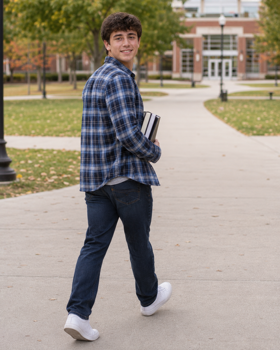 Smiling teen boy in plaid shirt carrying books while walking on a college campus pathway.