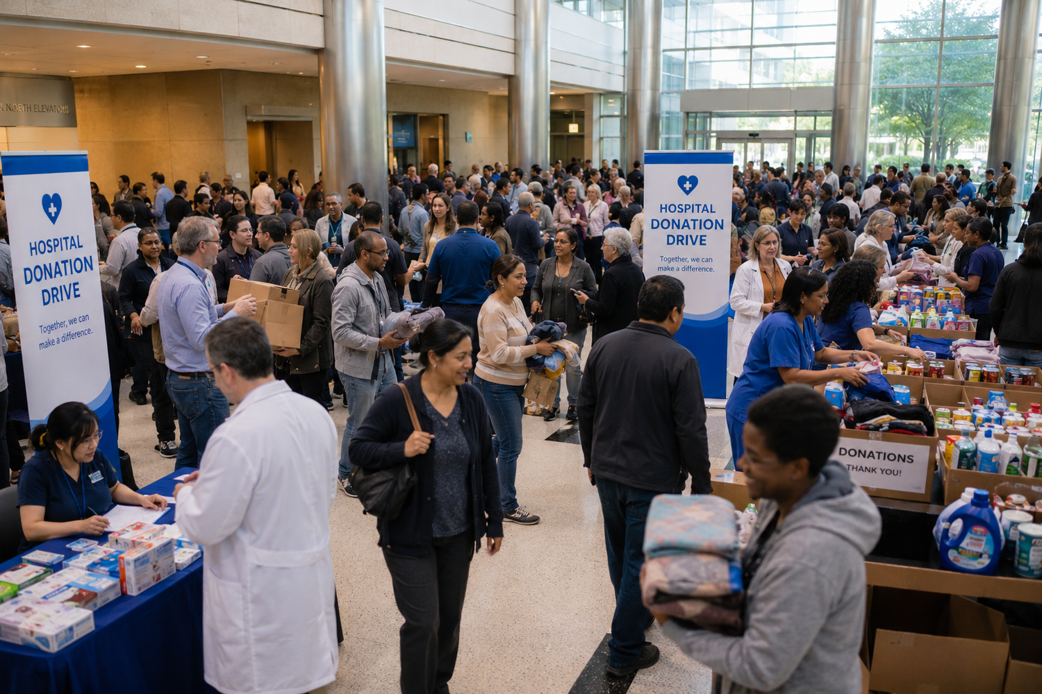 Large crowd participating in a hospital donation drive event inside a bright modern building atrium.