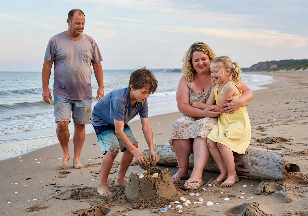 Family of four at the beach, boy building sandcastles on driftwood while mom cuddles daughter near the shore.