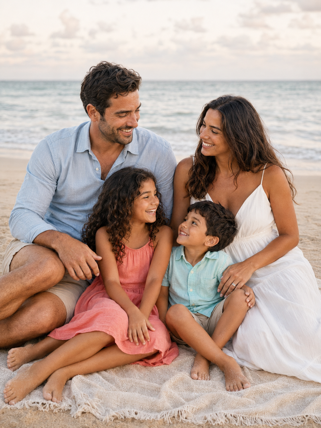 Family of four sitting on beach blanket smiling, two parents with curly-haired daughter in pink dress and young son in teal shirt.
