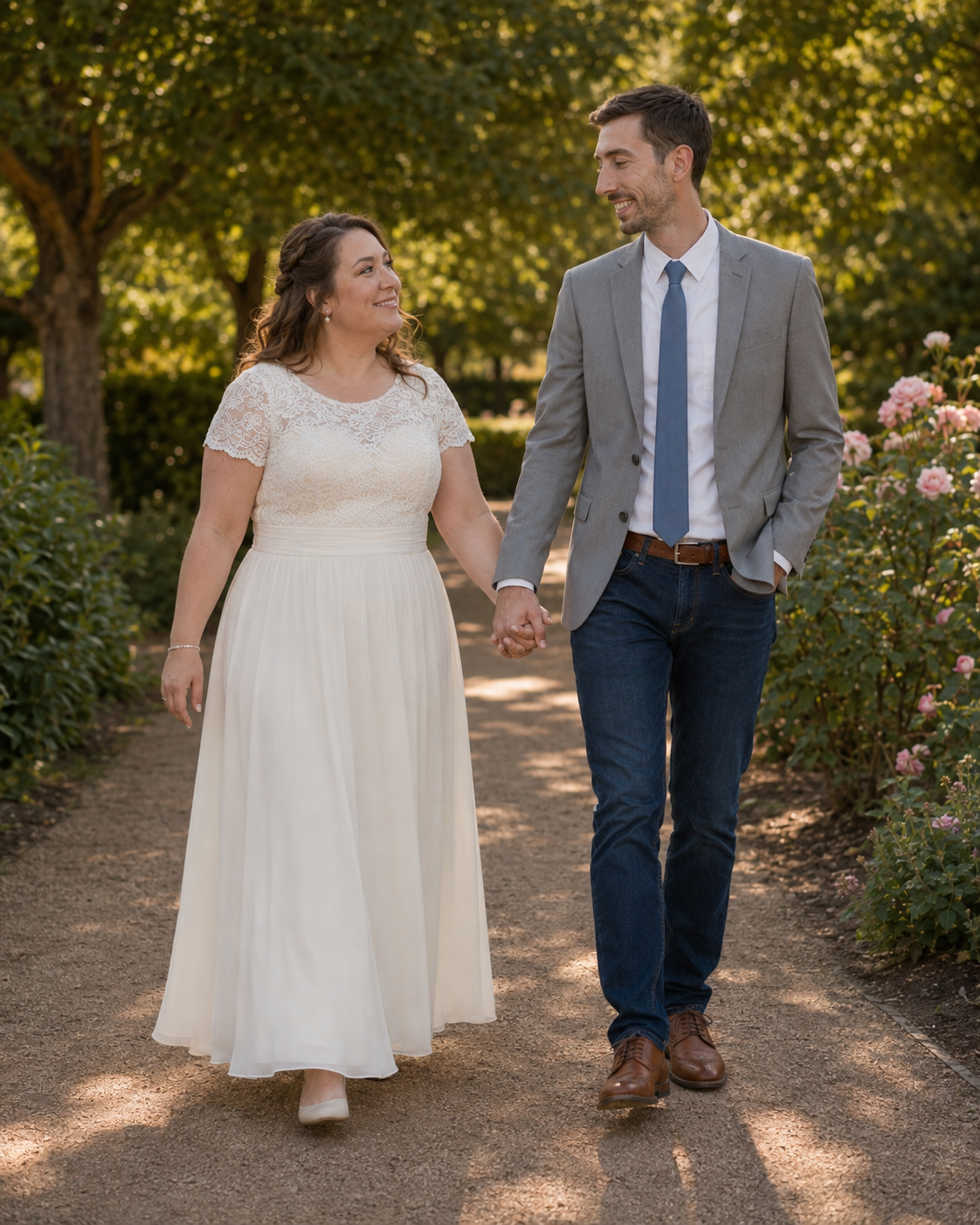 Bride and groom holding hands walking along a tree-lined garden path with blooming roses.