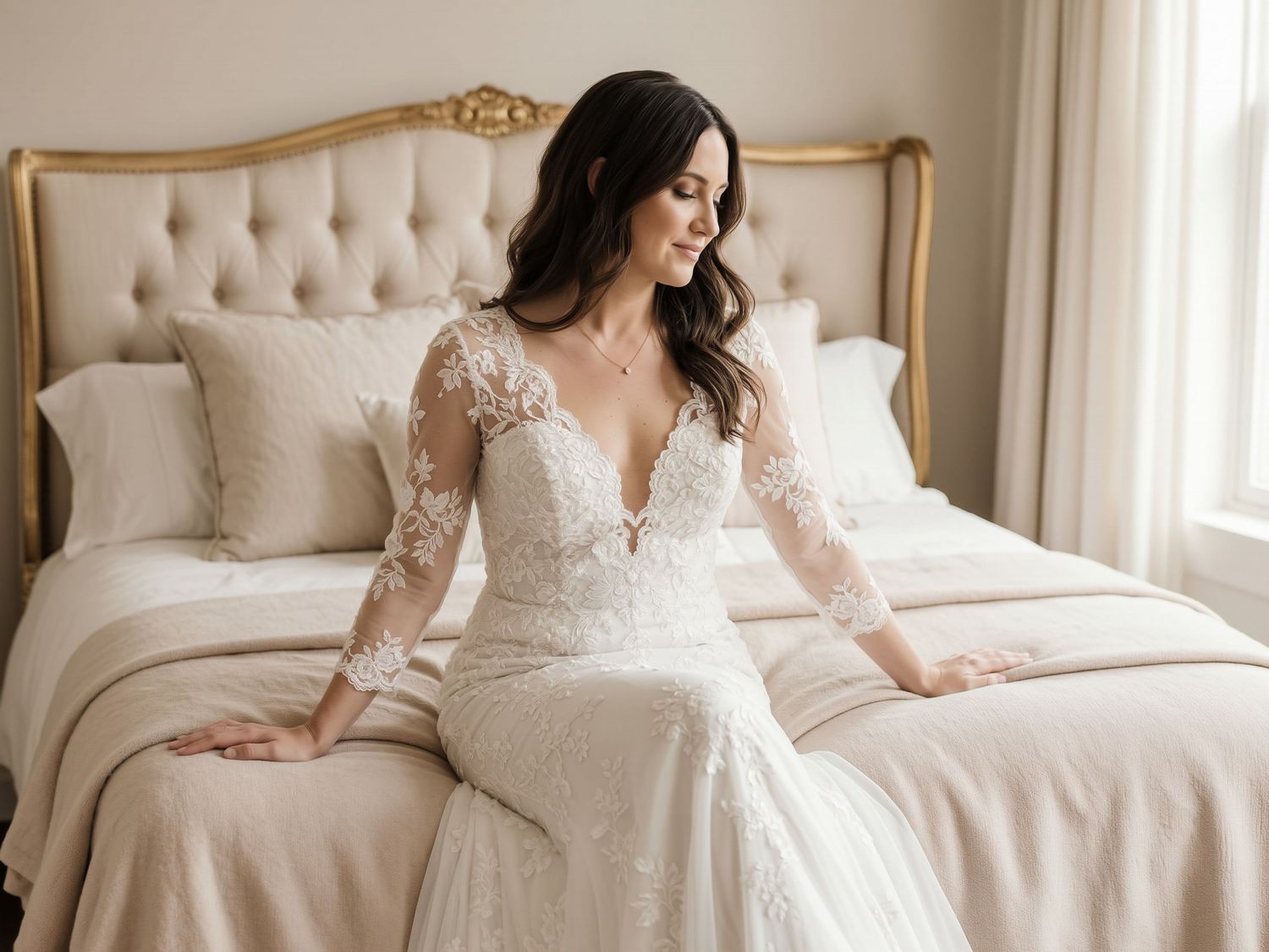 Bride in lace long-sleeve wedding gown sitting on tufted cream bed in elegant bridal suite.