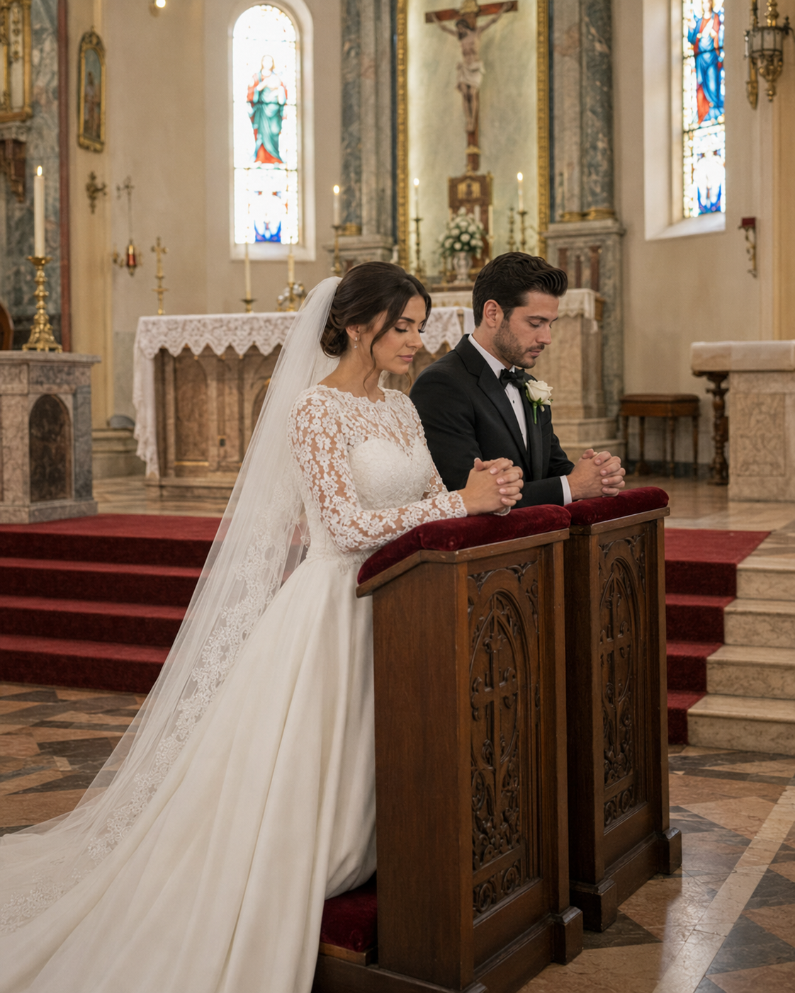 Bride and groom kneeling in prayer at church altar during wedding ceremony.