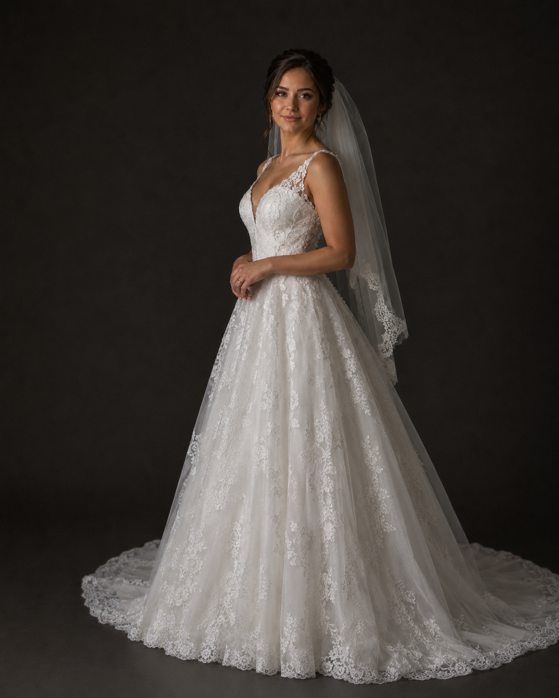 Bride in a lace A-line wedding gown with V-neckline, cathedral train, and lace-trimmed veil on dark background.