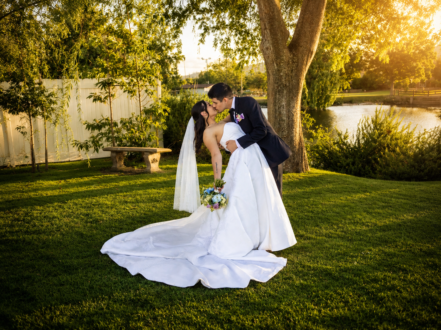 A bride and groom share a romantic kiss on lush green grass near a pond during a golden hour outdoor wedding.