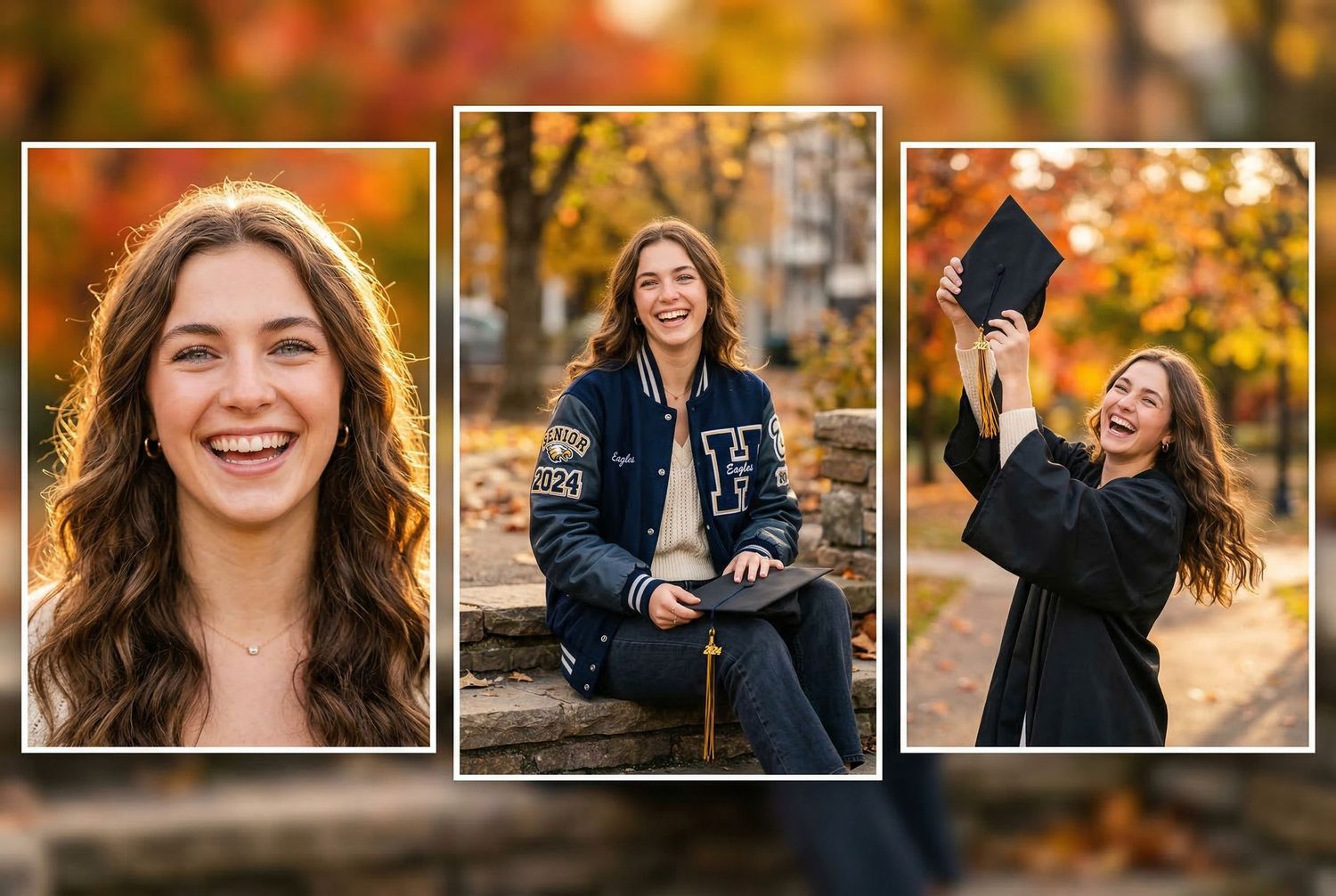 A series of outdoor portrait photographs taken in autumn with vibrant orange and yellow foliage in the background.