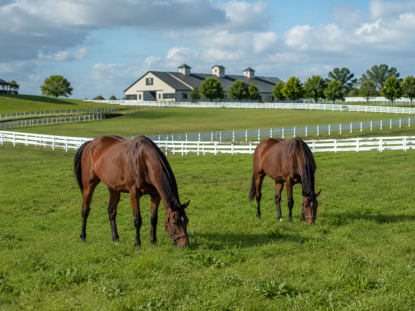 Two brown horses grazing on lush green pasture at a scenic horse farm with white fences and barn.