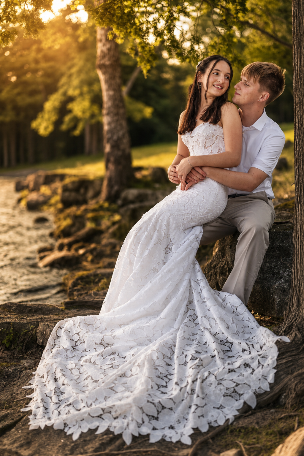 Bride in white lace gown sits with groom in sunlit park, sharing a romantic embrace during golden hour.