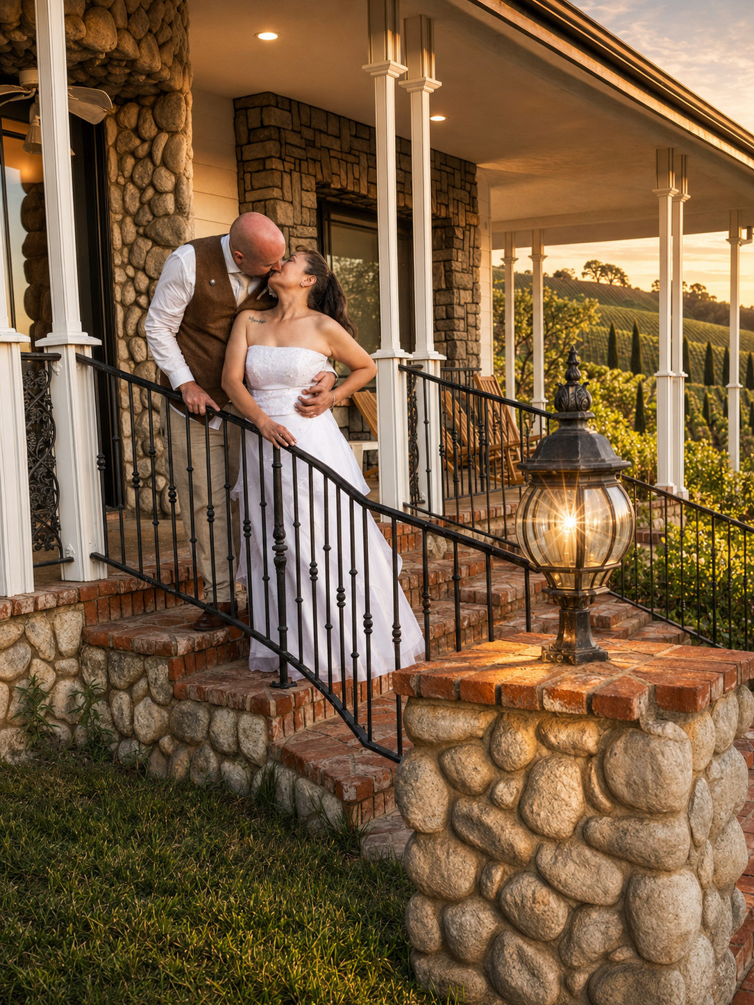Bride and groom share a romantic kiss on stone steps of a vineyard estate at golden hour sunset.