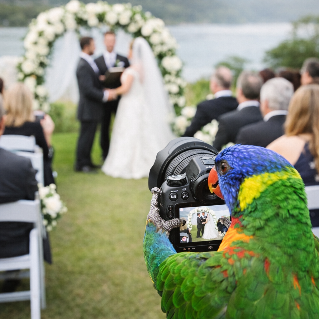 A wedding ceremony setup outdoors with white floral arch and chairs on grass overlooking a scenic waterfront view.