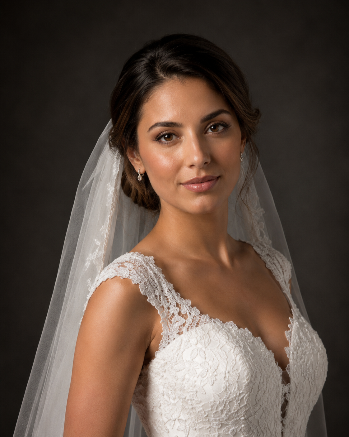 Elegant bride in lace wedding dress and veil poses for a classic bridal portrait against a dark background.