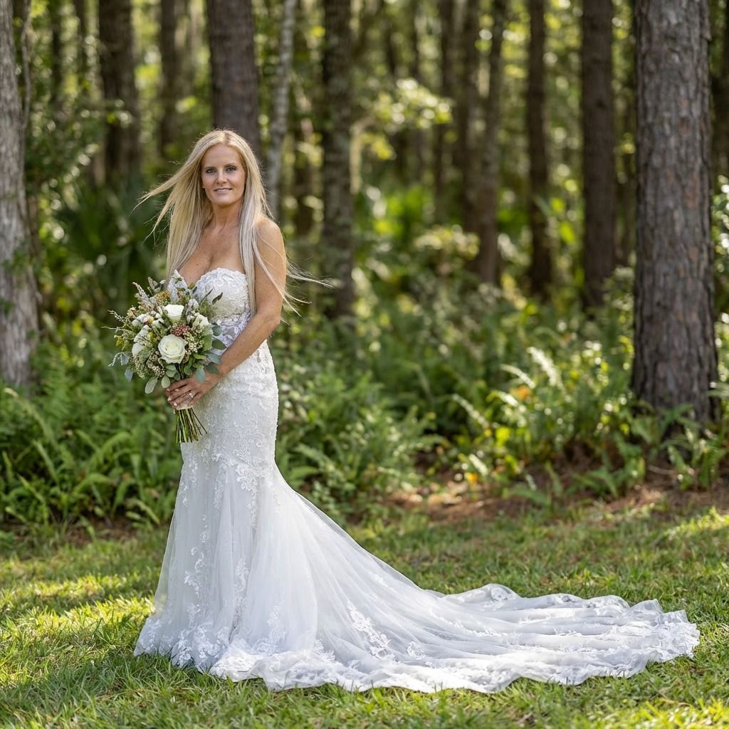 Bride in lace mermaid wedding gown with train holds bouquet outdoors among tall pine trees and lush greenery.