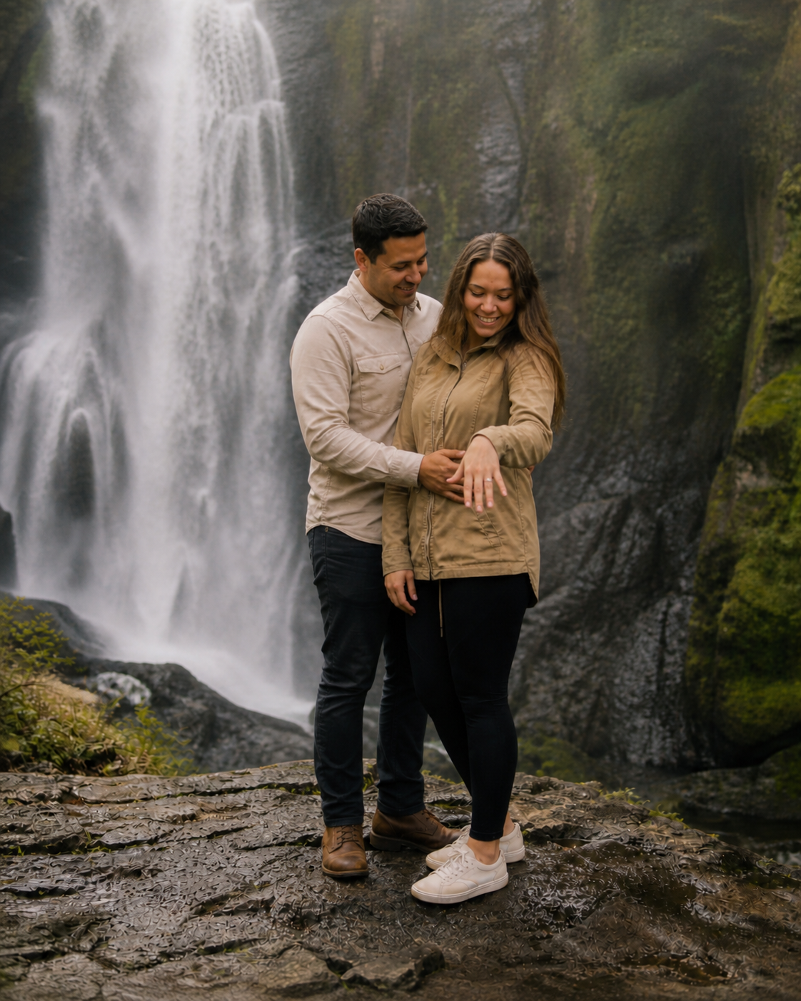 Couple embracing and smiling in front of a misty waterfall on wet rocks, wearing casual earth-tone outfits.