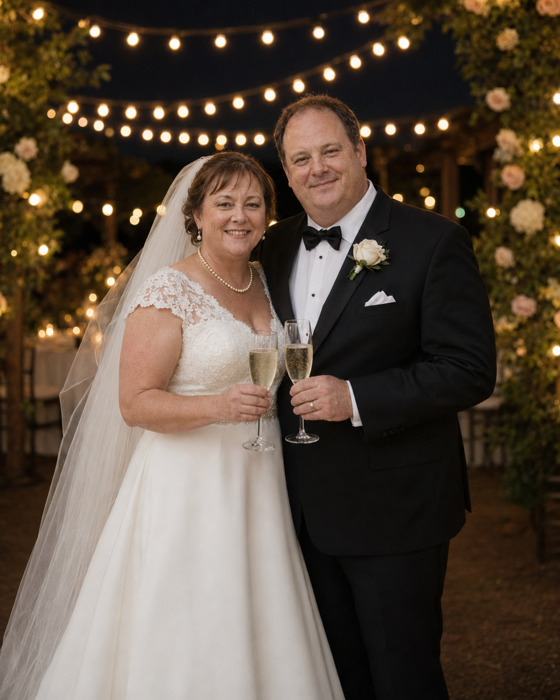 Bride and groom toast with champagne under string lights surrounded by floral arrangements at night.