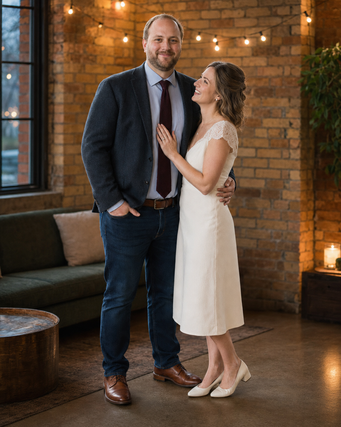 Smiling couple posing in rustic brick venue, woman in white midi dress, man in navy blazer and burgundy tie.