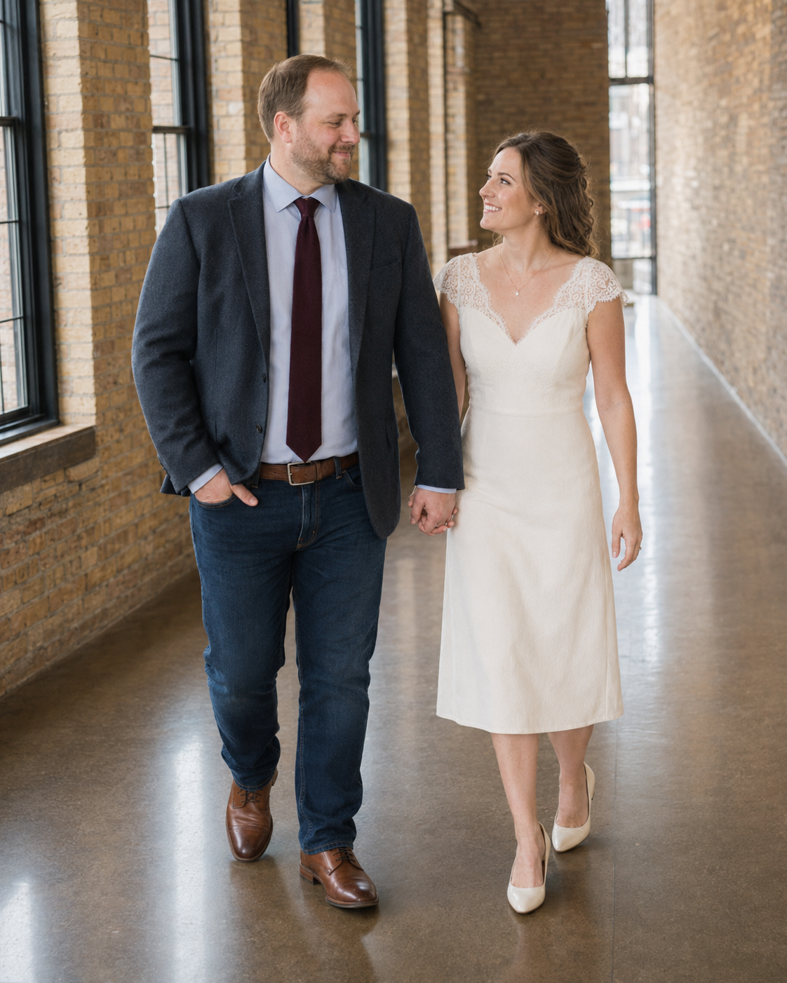 A smiling couple walks hand in hand in a brick-walled venue, man in navy blazer and tie, woman in white knee-length dress.