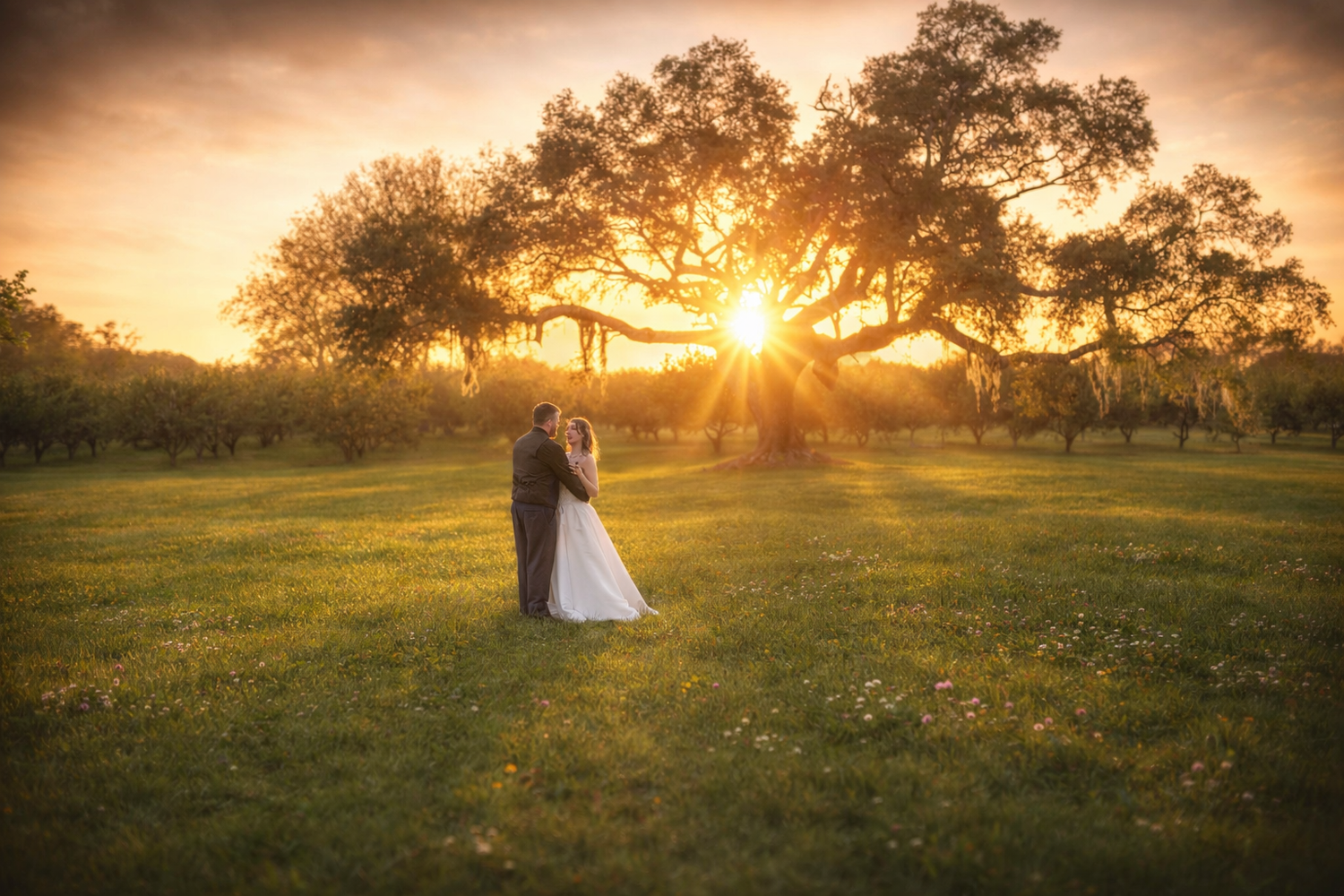Bride and groom embracing at golden sunset under a sprawling oak tree in a lush green meadow.